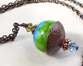Freckled Blue and Green Lampwork Bead Pendant on Copper Chain Necklace