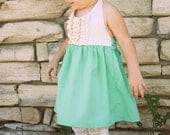 Vintage Inspired teal  and Cream Ruffle Halter Dress