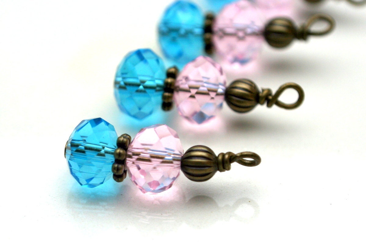 Aqua Blue and Pink with Brass Bead Drop Dangle Charm Set - 4 Piece