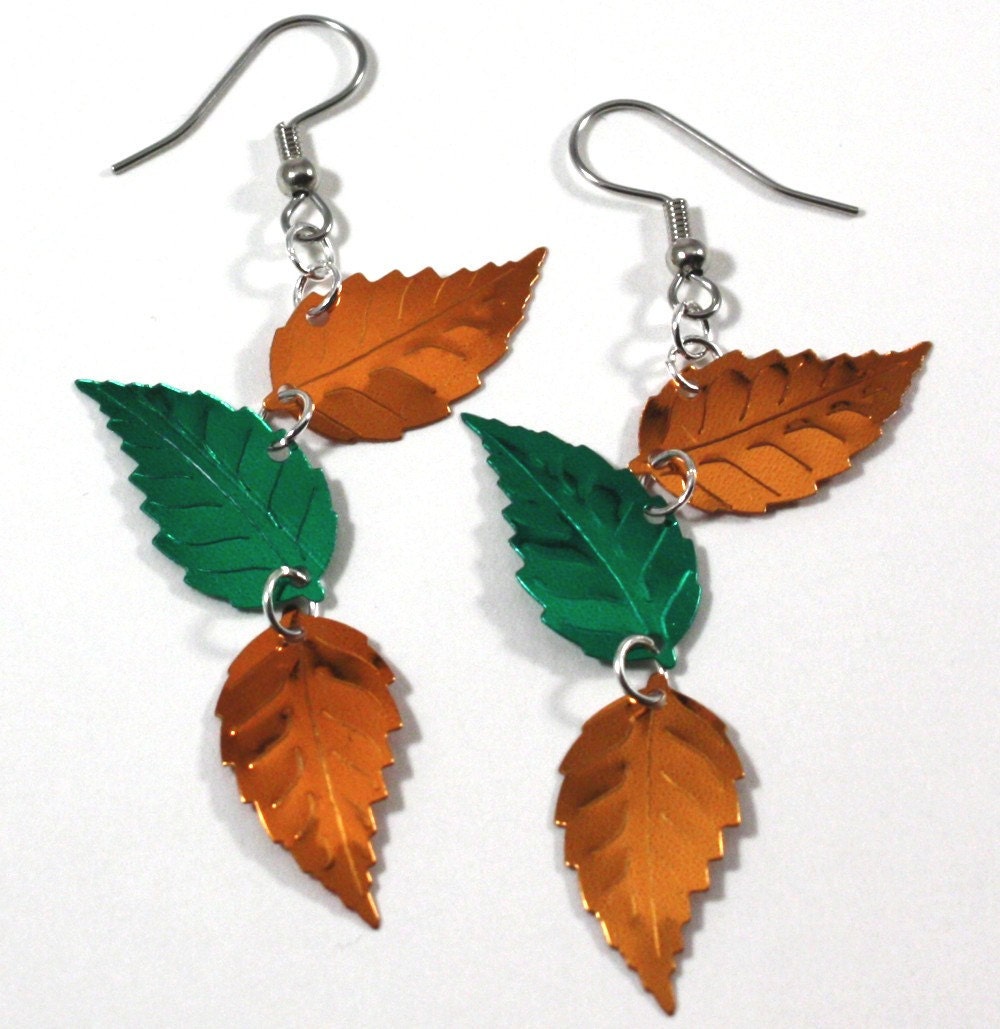 Autumn Orange & Green Leaves Earrings Fall Metallic Dangles - PrincessEMarie