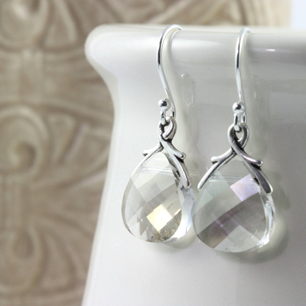 Champagne Gray Crystal Bridal Earrings Silver Shade Briolette Sterling Silver Classic Prom Jewelry