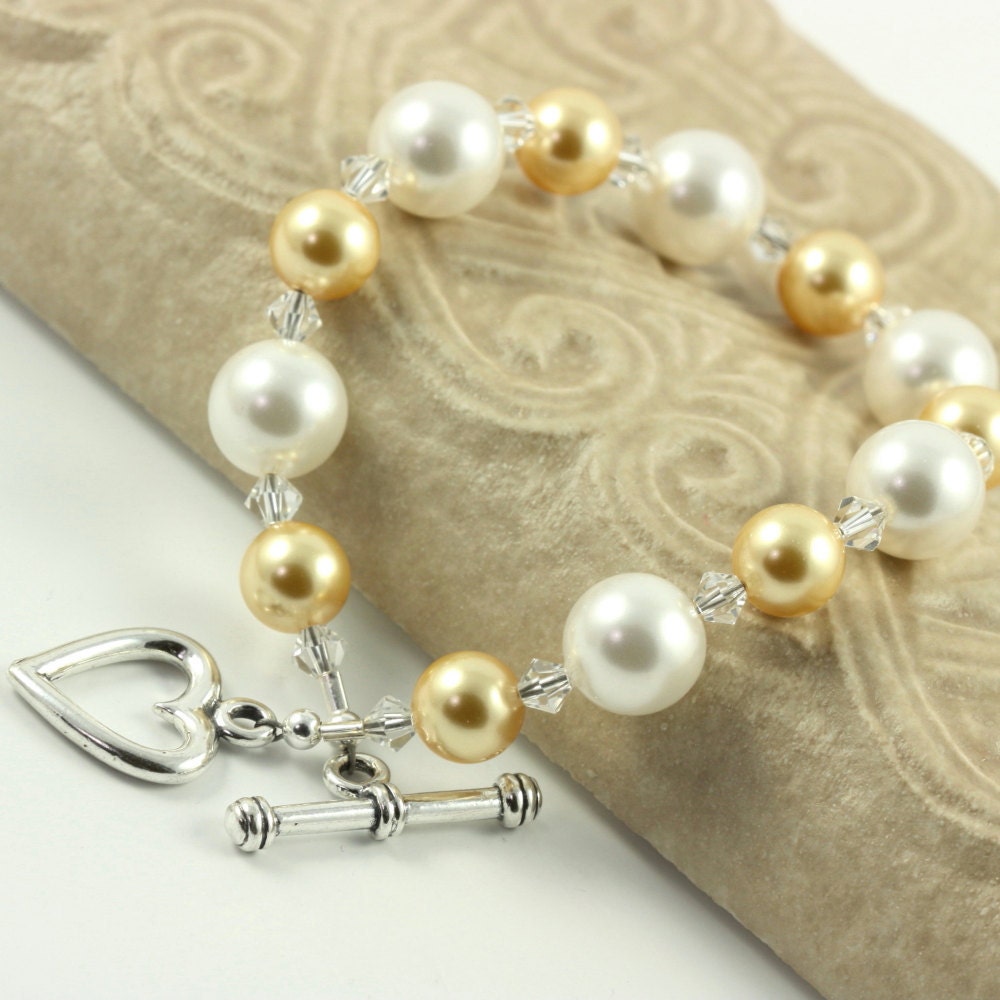 Yellow Honey Gold White Bracelet Pastel Pearl Crystal Bridal Jewelry Spring Fashion Sterling Heart Prom Jewelry