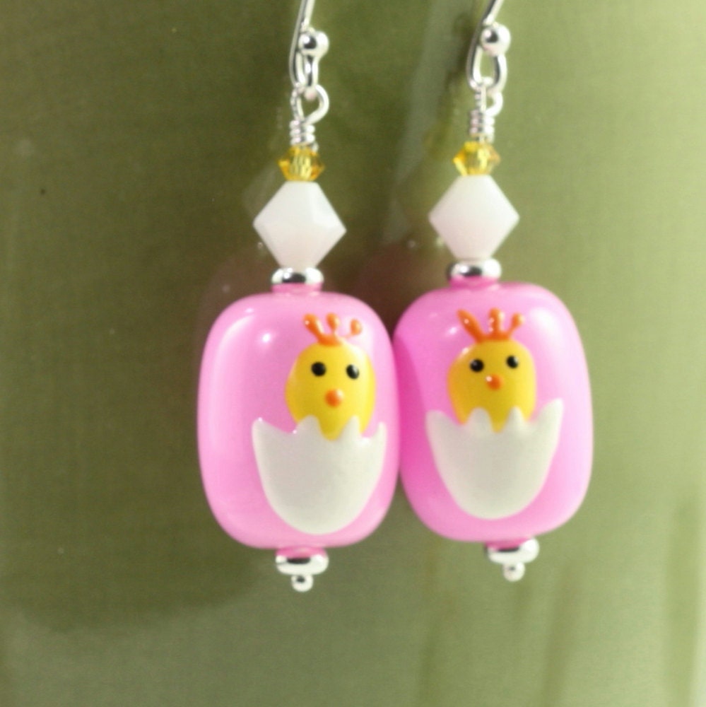 Easter Earrings Pink Yellow Chick White Swarovski Crystal Egg Shaped Sterling Silver Easter Jewelry