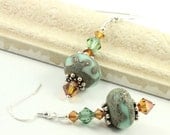 Lampwork Earrings Copper Green Earthy Sterling Silver Swarovski Crystal
