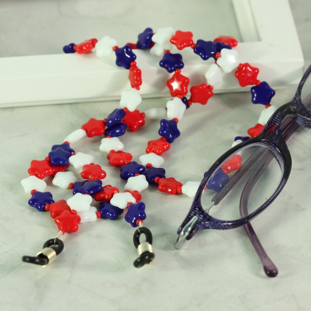 Memorial Day Eyeglass Holder 4th of July Red White Blue Stars Patriotic Americana USA Beaded