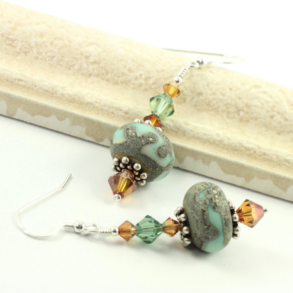 Lampwork Earrings Copper Green Earthy Sterling Silver Swarovski Crystal