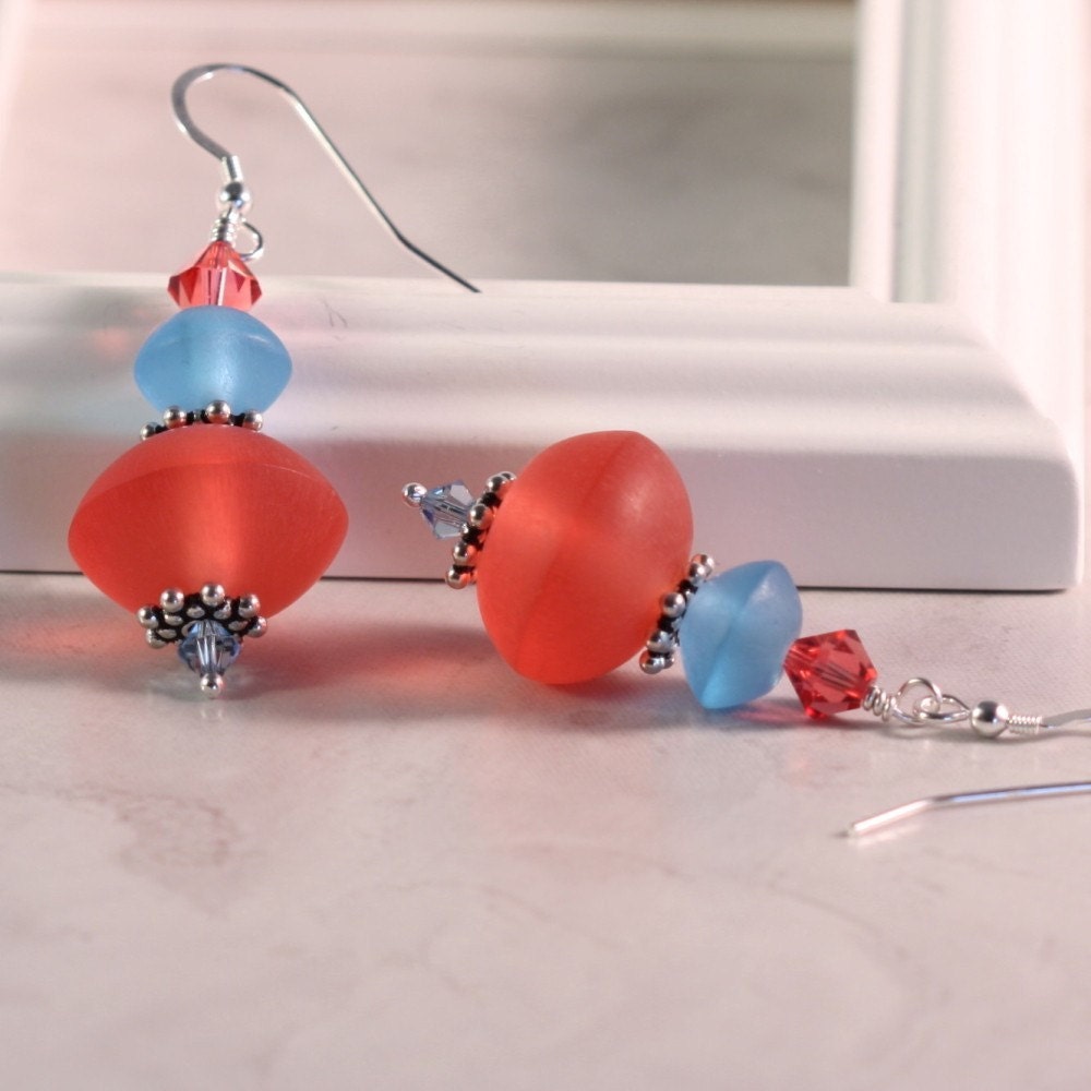 Pink Neon Earrings Aqua Blue Coral Jewelry Swarovski Crystal Sterling Silver