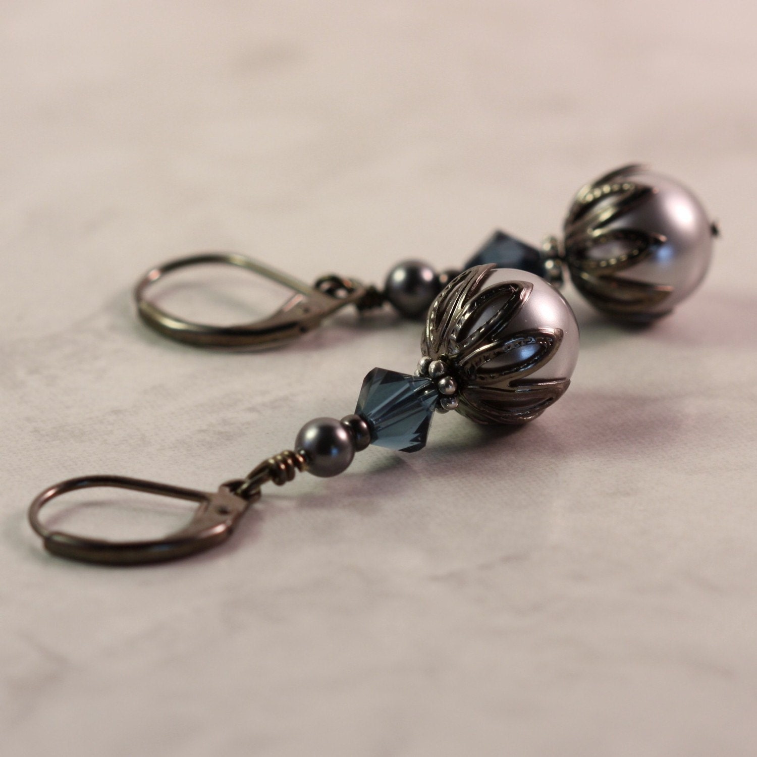 Blue Crystal Earrings Gray Pearl Gunmetal Ear Wires