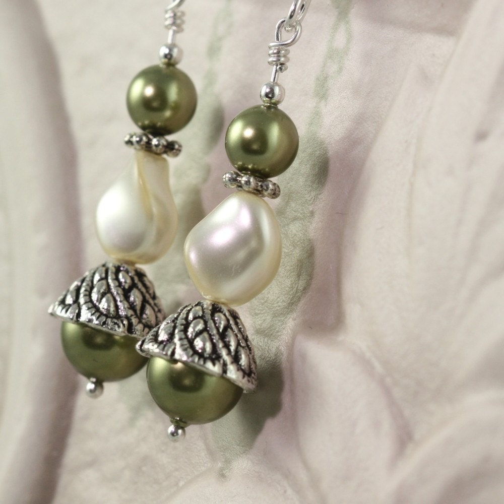 Cream Pearl Wedding Earrings Moss Green Sage Bridal Sterling Ear Wires
