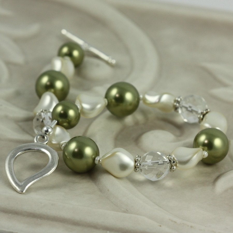 Cream Pearl Wedding Earrings Moss Green Sage Bridal Sterling Ear Wires