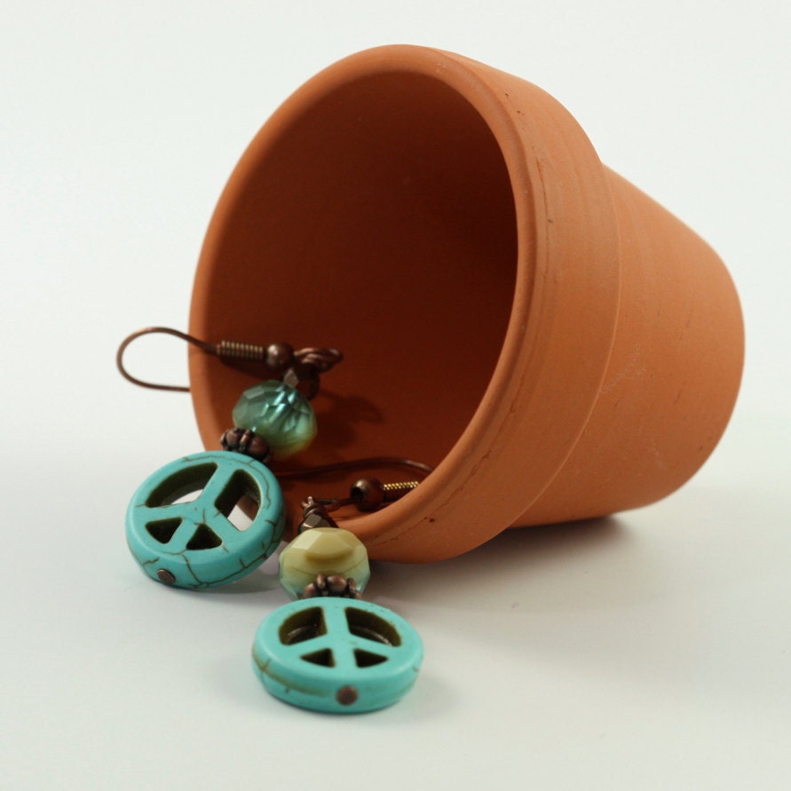 Peace Sign Earrings Turquoise Blue Copper Rustic Fashion Boho Jewelry