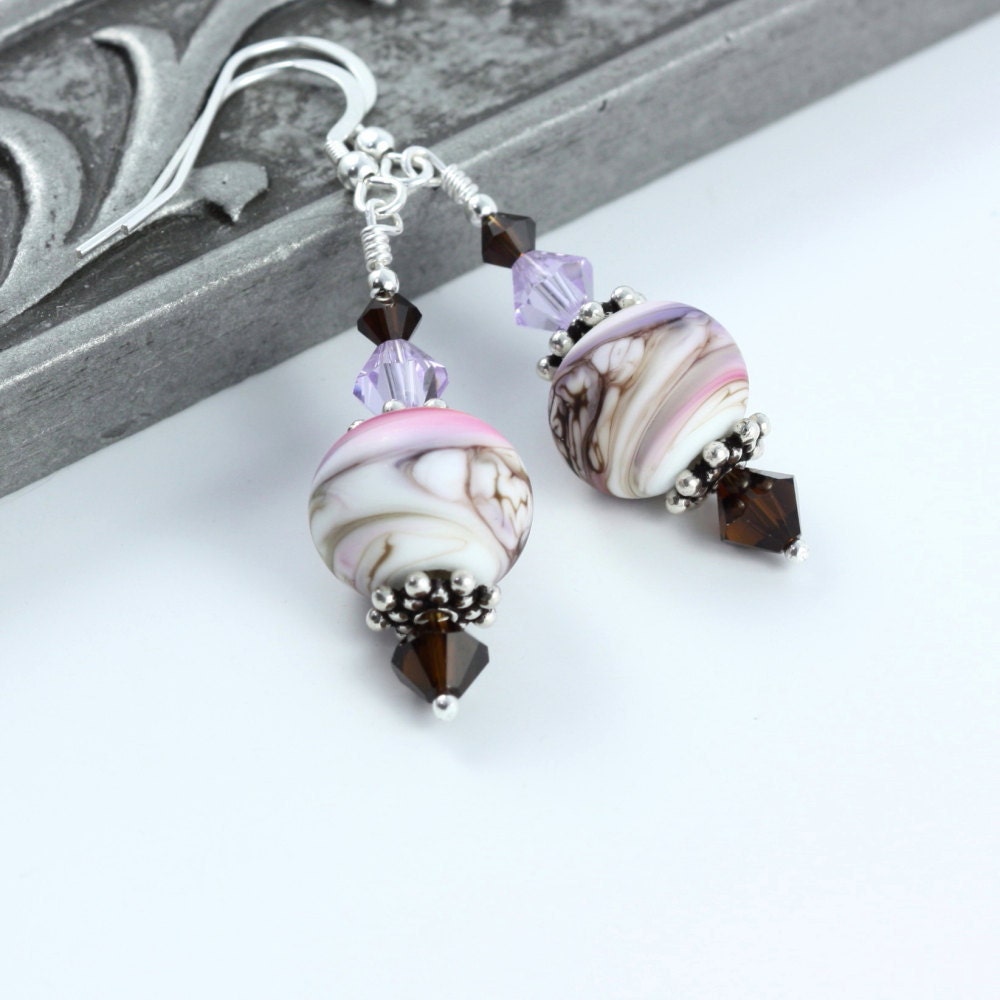 Lampwork Earrings Brown Crystal Lavender Lilac Mocha Mauve Cream