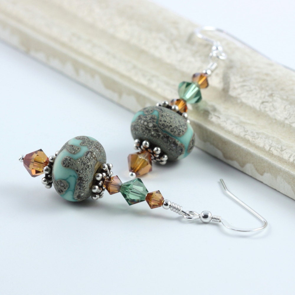 Lampwork Earrings Copper Green Earthy Sterling Silver Swarovski Crystal