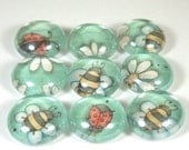 Marble Magnets or Push Pins Set - Bees, Ladybugs and Flowers. Oh my