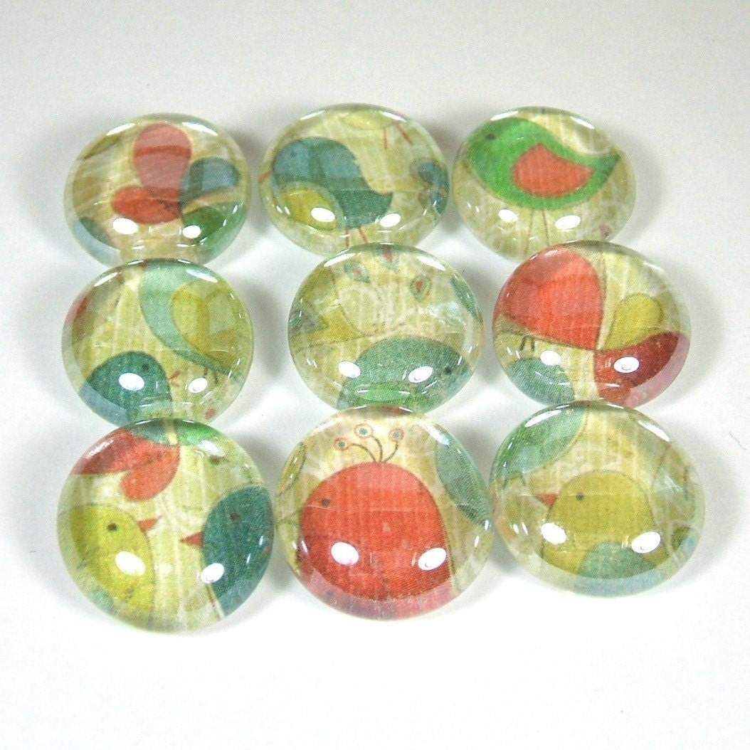 Glass Fridge Magnets or Push Pins Set - Birds on Parade