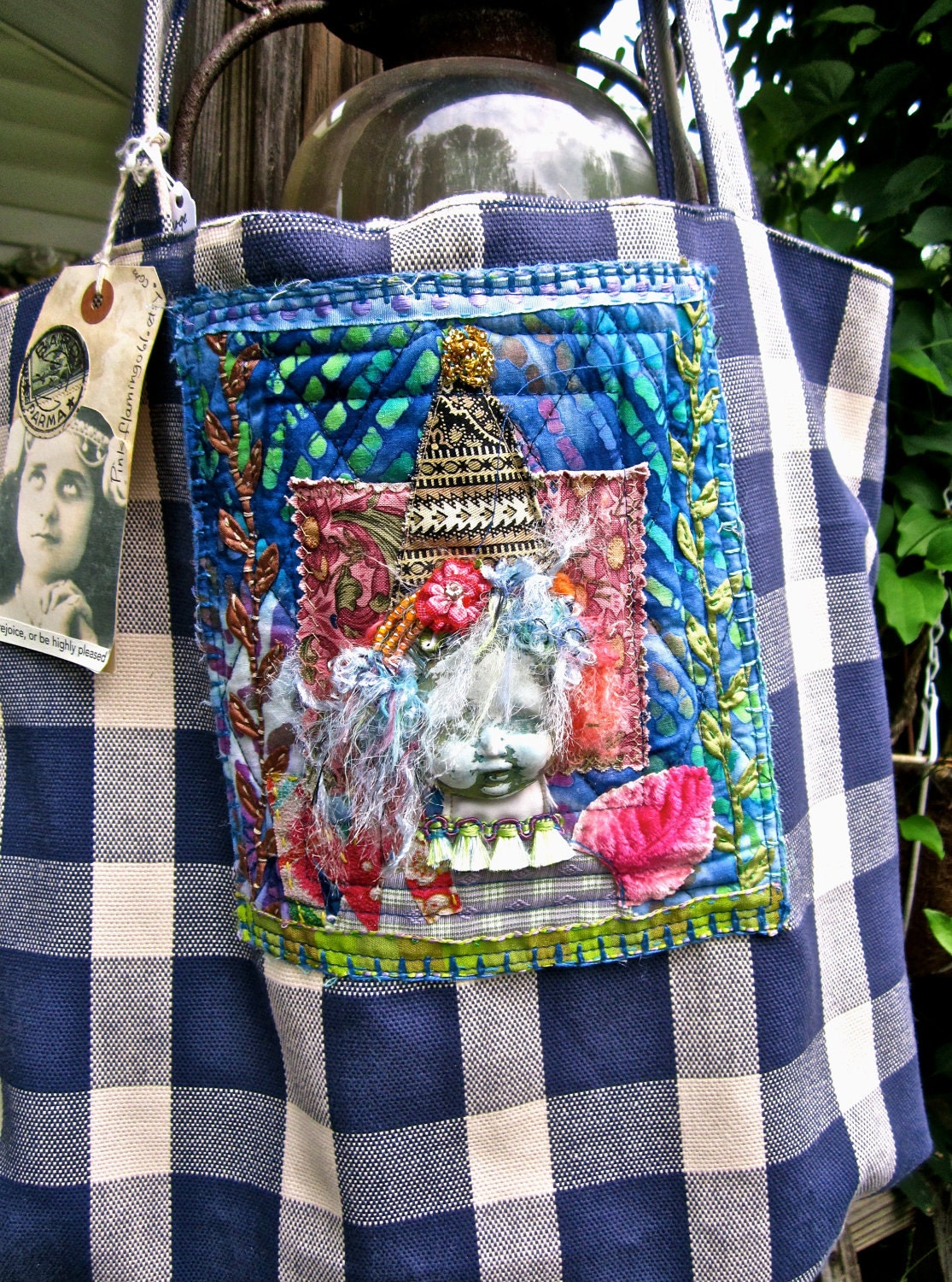 Large Tote Bag with Original Art Quilt, ceramic face, embroidery OOAK ...