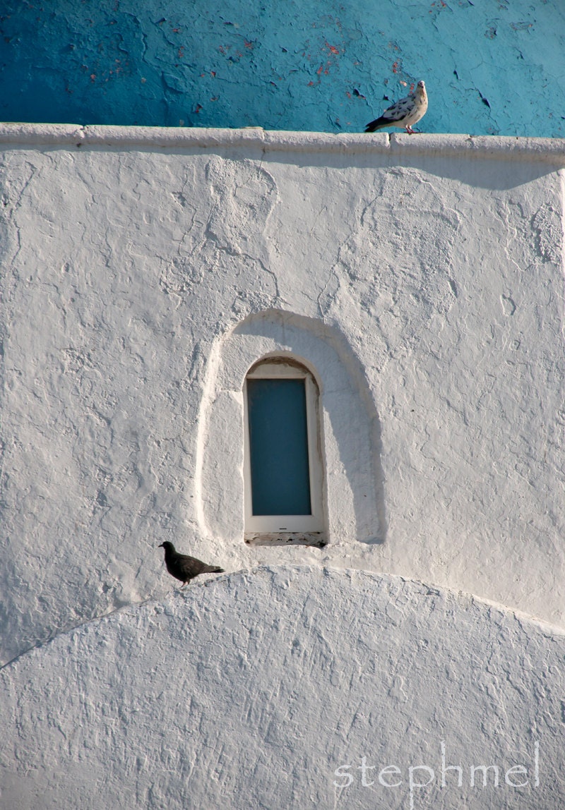 Stone and Light, 8x11.5 fine art print, wall of old church and doves in Mykonos island, Greece, home decor