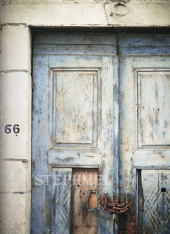 66, original fine art photographic print, 8x11inches, old blue door with rusty chain in Central Greece