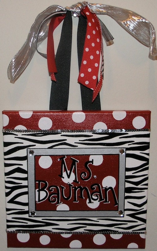 Personalized, Hand Painted Canvas Wall Art (12x12 red, white, zebra example)