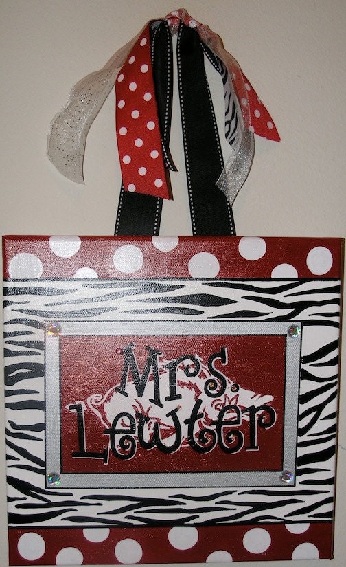 Personalized, Hand Painted Canvas Wall Art (12x12 red, white, zebra example)