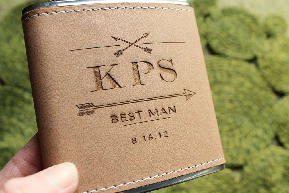Set of 6 Laser Etched Flasks, ARROW Design: Customizable for Groomsmen, Bridal Parties, Gifts