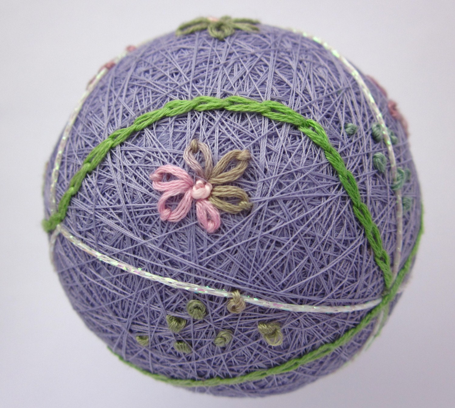 fiber art - hand embroidered - japanese temari decorative thread ball - garden path
