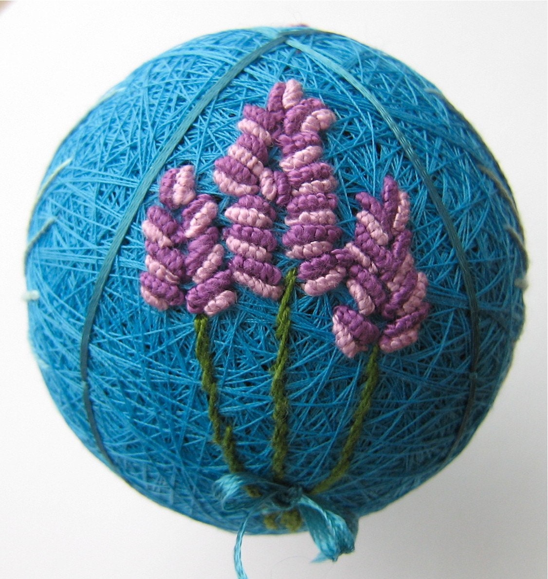 fiber art decorative ball - hand embroidered - lavender blue dilly dilly