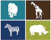 Safari Animal Nursery Art set of 4, 13 x 19 modern art prints - different colors and sizes available