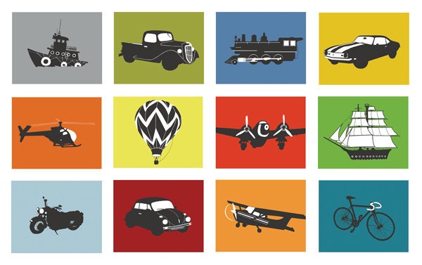 NURSERY ART, Transportation Decor, set of 3, 8 x 10 Mix and Match art prints by nevedobson - you choose the vehicles and colors