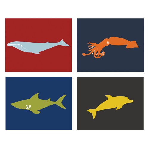 Baby boy nautical nursery, ocean art set of 4, 13 x 19 prints - customizable colors