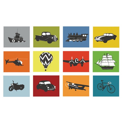 NURSERY ART, Transportation Decor, set of 3, 8 x 10 Mix and Match art prints by nevedobson - you choose the vehicles and colors