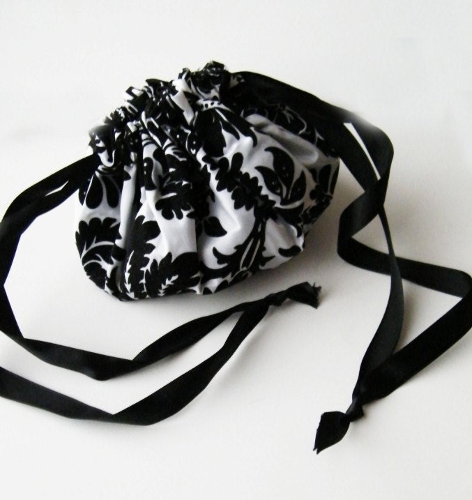 Steampunk Draw String Purse White Black Velvet Flock Taffeta