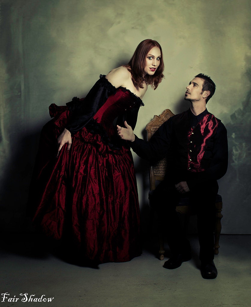 Victorian Gothic Wedding Dress- Red Silk and Black Accents - Steampunk Gown- Custom to your size