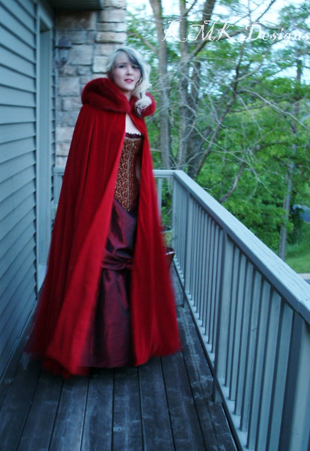 Red Velvet Cape Red Riding Hood Trimmed in Faux Fur-Custom to Order