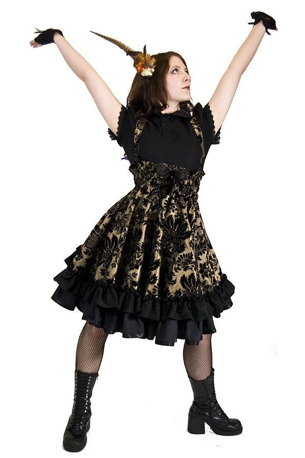 Steampunk Lolita Jumper Skirt Party Dress in Gold Velvet Flock-Custom to your Size