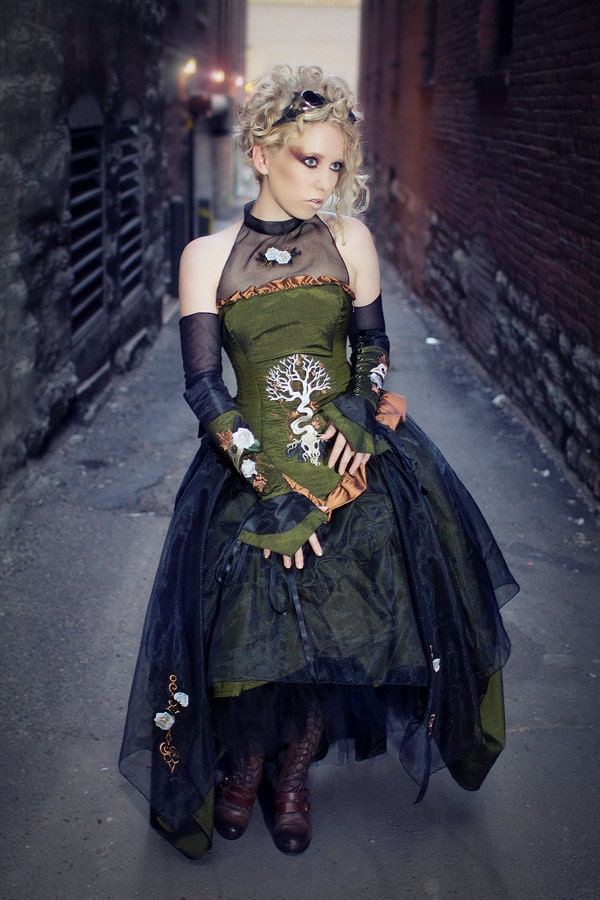 Steampunk  Wedding Gown Embroidered with Gothic Nature Designs "Organic Clockwork Gown"-Custom to Order