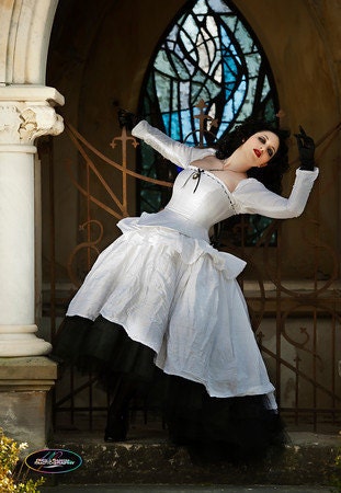 Corseted White and Black Gothic Steampunk Wedding Gown "Gothic Romance"- Custom to your size