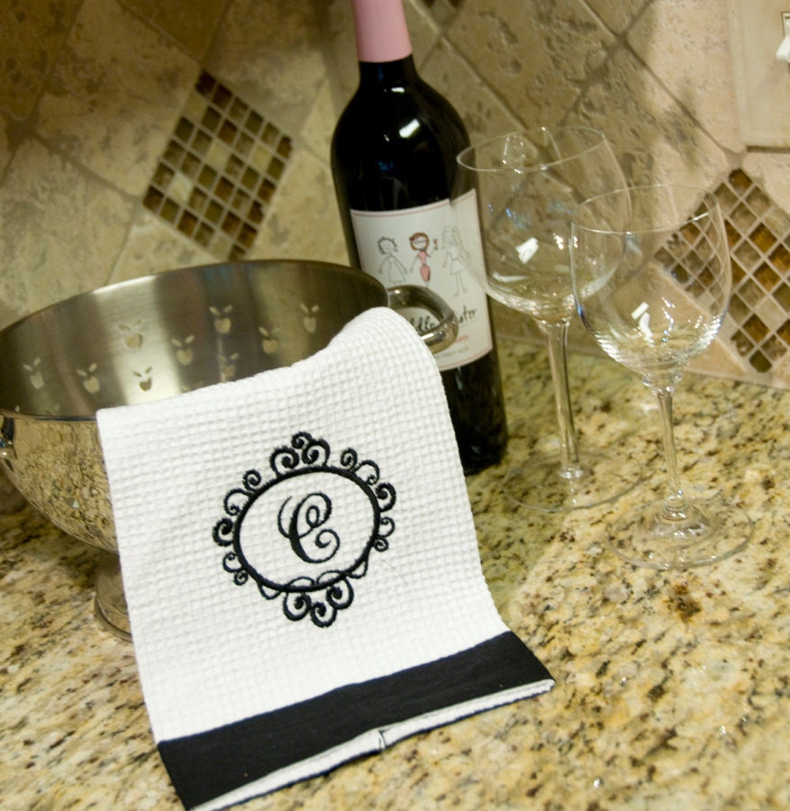 Personalized Hand Towel for kitchen or bath Black & White Monogram Embroidered