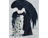 Despair ACEO print Angel Gothic Sad Black Wings Watercolor - ElvenstarArt