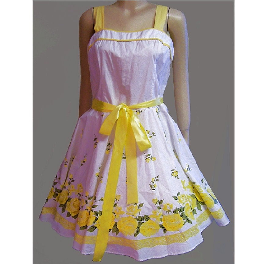 Sunny yellow roses 80s cotton sundress pretty cupcake full skirt Large ...