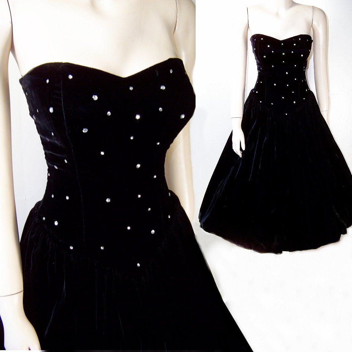 Black velvet with prong set rhinestones strapless party dress small