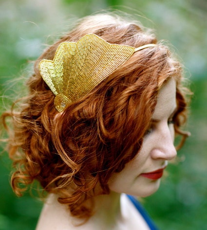 Beaded Shell Headband - Art Deco Gold Sea Shell Beaded Headband - The CARA