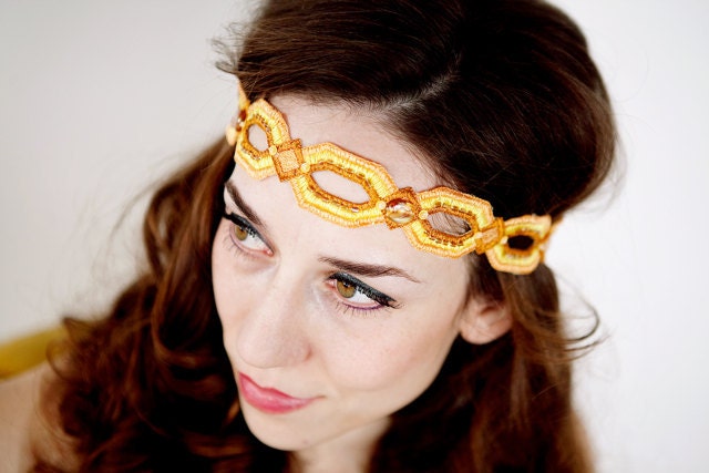 Women's Accessories Women's Headband Geometric Soft Headband Sunshine Yellow and Orange with Beaded Accents