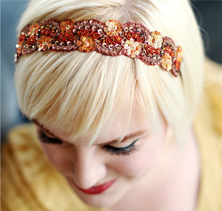 Beaded Headband - Burnt Orange Red Gold Metallic Burgundy Women and Teens