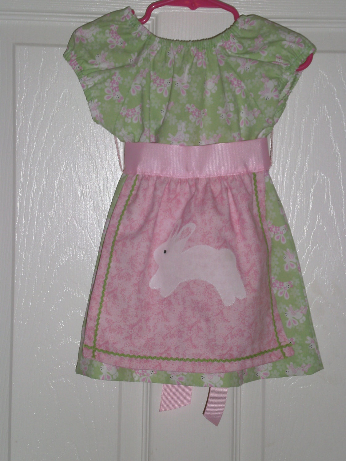 Girls Easter Peasant Dress, Green Bunny Print, Pink Apron , Baby, Toddler, Girls