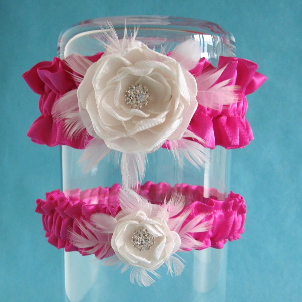 Bridal Garter, Ivory and Pink Satin, Feather Rose Set A084 - bridal garter accessory