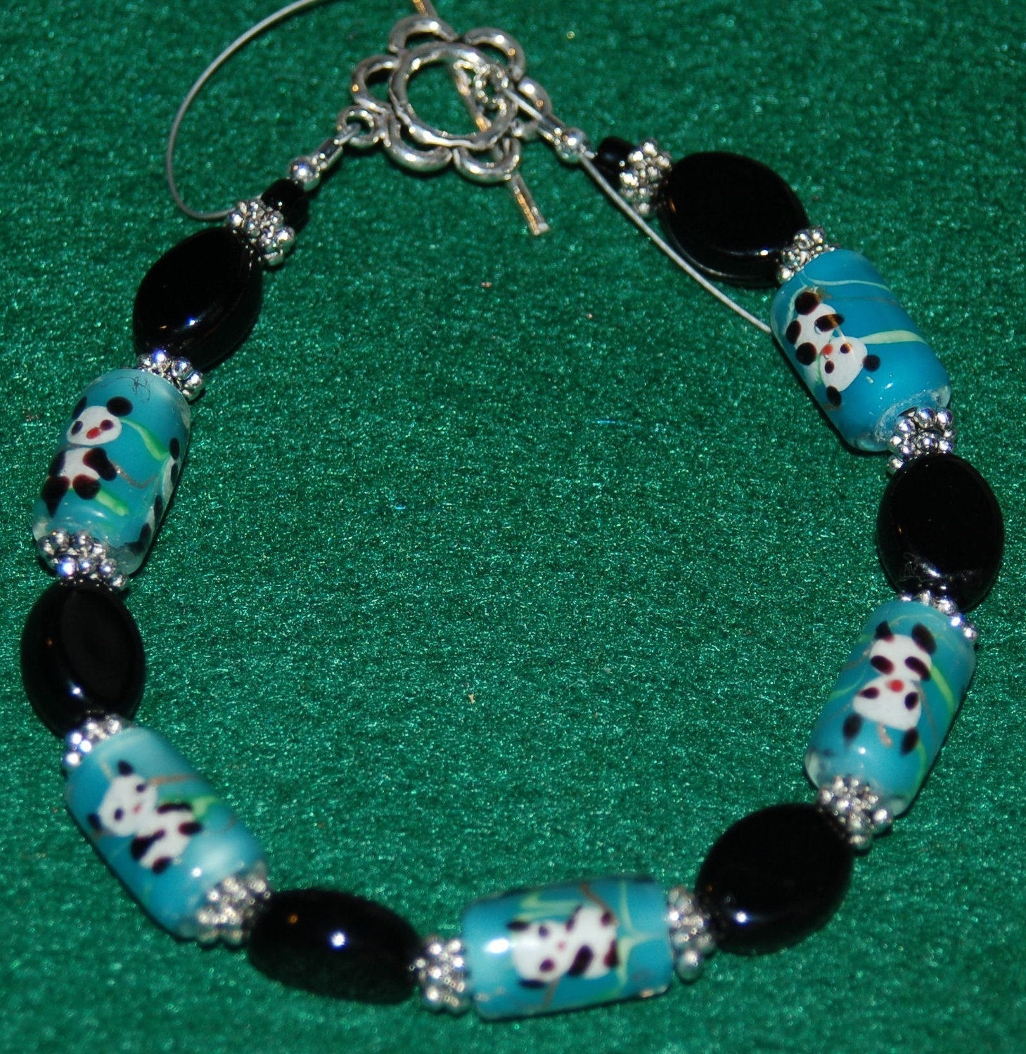 Adorable Panda Bear Bracelet with Lampwork Pandas, Sterling Silver, and Black Beads