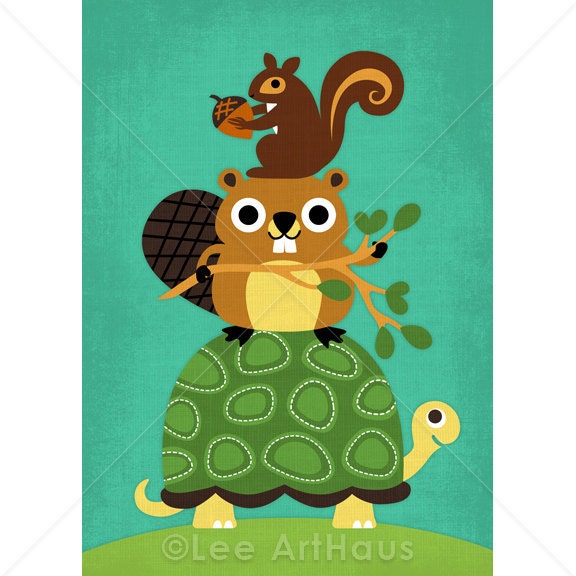 188B Bright Squirrel, Beaver and Turtle 5x7 Print