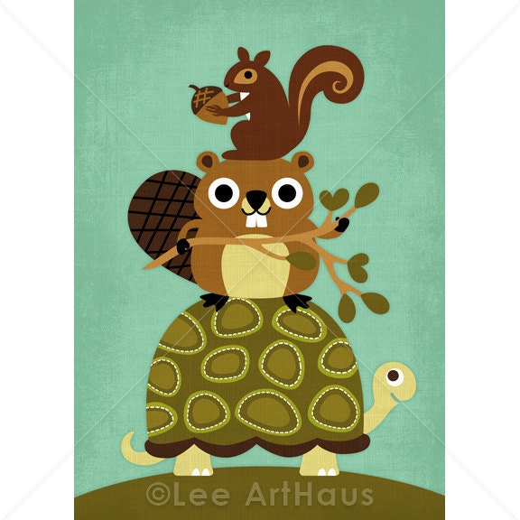 188R Retro Squirrel, Beaver and Turtle 5x7 Print