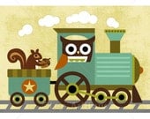 179R Retro Owl and Squirrel on Train 5x7 Print